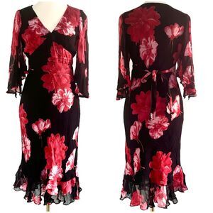 Vintage Paradise NY Black Floral Beaded Flutter Sleeve Empire Waist Midi Dress S